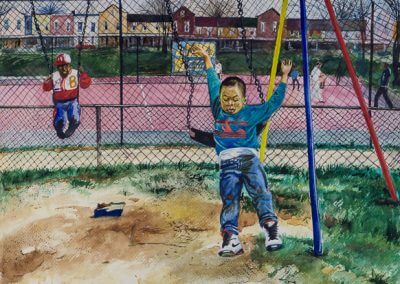 123 jump is the name of a watercolor painting of two young boys playing on swings at Rosedale Playground in North East Washington.
