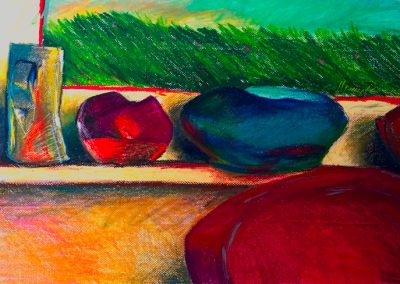 Colorful oil pastel still-Life painting of four objects on a shelve with a the back of a red chair just below the shelve