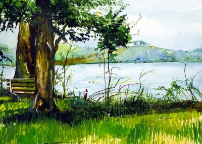 A watercolor painting of a park bench overlooking the Potomac river located outside of Washington, DC.