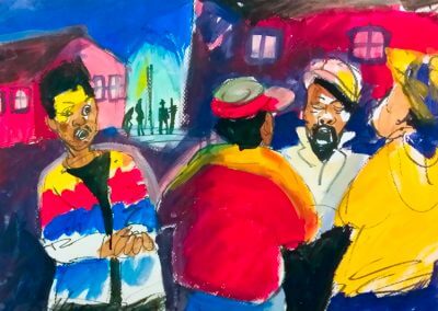 Melody under Street light is a colorful painting of four men singing. the colors are bright red, yellow, white, and blue.