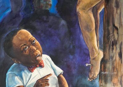 First Impressions is the name given to this watercolor/tempera painting on paper. It shows a boy looking at a life size sculpture of Jesus on the cross, while shadows of adults appear distant of this momentous image.