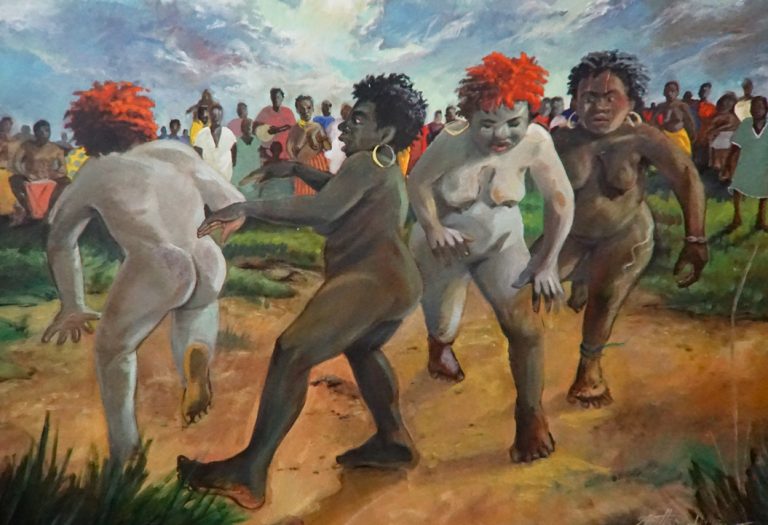 Mother Earth In the painting, called Mother Earth, four older women are shown performing a ritual dance. Two women are wearing orange wigs covered in white paste, symbolizing death, while the other two are wearing black wigs covered in green paste that symbolizes life. This dance is representative of a fictional cultural celebration, with an Afrocentric theme, that holds significance for women's biological cycle and their connection to the earth's seasonal cycles.