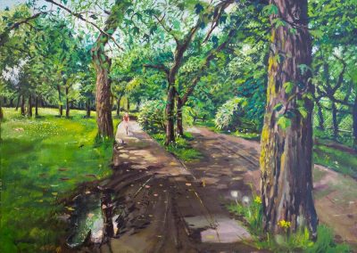 Landscape oil painting of Melrose Park in Chicago Ill of a pedestrian trail with a individual bike rider coming toward the viewer. The scene captures a biker, trees, and a puddle of water with a reflection of the sky. there is also a sun bather of in the distance on your left. Again it is an original oil painting of Melrose Park off Lake Michigan Drive off the Northside of Chicago Ill.