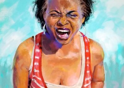 A digital painting of woman in striped tank top shirt expressing anger due to another murder of a young African American life.